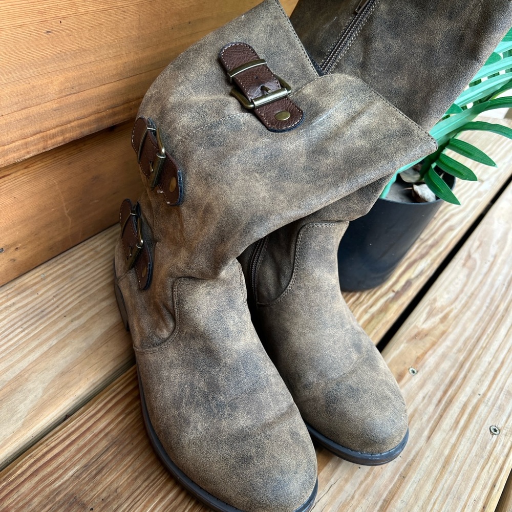Madeline Suede Buckle Mid-Calf Boots